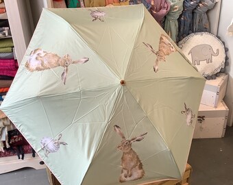 Wrendale hare umbrella,folding umbrella, green , fabric case, hare, birthday, Christmas present,ladies gift, fun design, country gift,