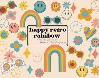 retro sunset rainbow clip art | warm fall rainbow | heart | sun | nursery art | birthday party | png | yellow | rain cloud | commercial use