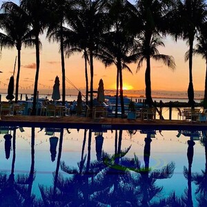 May include: A swimming pool with a view of a sunset over a marina. Palm trees line the pool and are reflected in the water.