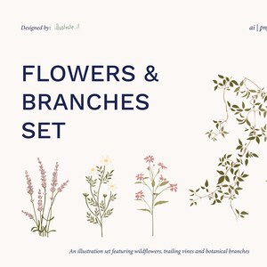 Puede incluir: Un conjunto de ilustraciones con flores silvestres, enredaderas y ramas botánicas. El diseño incluye lavanda, flores silvestres blancas y rosas, y una enredadera con hojas verdes. El texto dice "FLOWERS & BRANCHES SET".