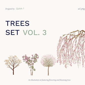 May include: An illustration set featuring four different trees. The trees include a weeping tree with pink flowers, and other trees with white, pink, and yellow flowers. The text "TREES SET VOL. 3" is displayed in navy blue.