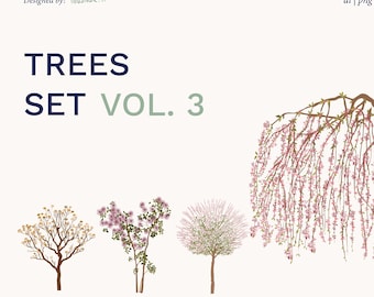 May include: An illustration set featuring four different trees. The trees include a weeping tree with pink flowers, and other trees with white, pink, and yellow flowers. The text "TREES SET VOL. 3" is displayed in navy blue.