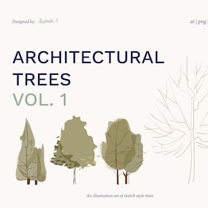 Conjunto de 8 árboles arquitectónicos vectoriales planos Vol. 1 — PNG, AI, EPS — Recortes digitales para arquitectos y diseñadores
