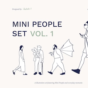 Può includere: Un set di illustrazioni minimaliste intitolato "MINI PEOPLE SET VOL. 1", raffigurante disegni a tratto di persone in situazioni quotidiane. Il testo e i formati di file sono inclusi.
