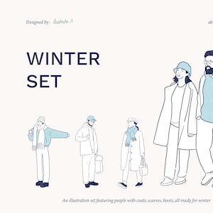 May include: An illustration titled "WINTER SET" featuring line art of people wearing coats, scarves, and boots. The text "Designed by: illustrate.it" is at the top. The text "An illustration set featuring people with coats, scarves, boots, all ready for winter" is at the bottom.