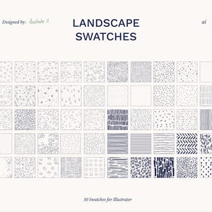 May include: A digital collection titled LANDSCAPE SWATCHES featuring 50 individual square patterns in dark blue ink on a light background. The designs include various hand-drawn lines, dots, dashes, floral motifs, and geometric textures for Adobe Illustrator.