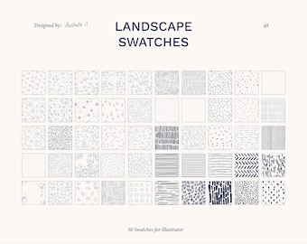 May include: A digital collection titled LANDSCAPE SWATCHES featuring 50 individual square patterns in dark blue ink on a light background. The designs include various hand-drawn lines, dots, dashes, floral motifs, and geometric textures for Adobe Illustrator.