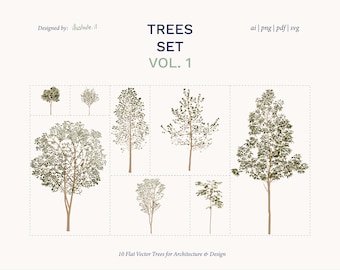 May include: A digital collection of 10 flat vector trees for architecture and design, labeled TREES SET VOL. 1. The graphic features various tree species in shades of green and brown, presented in a grid layout with file formats ai, png, pdf, and svg.