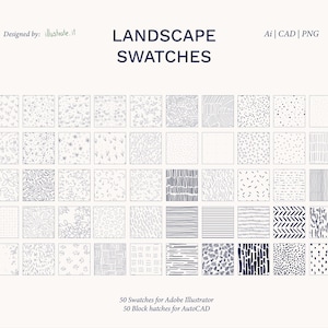 Op de afbeelding: Een digitale collectie getiteld LANDSCAPE SWATCHES met 50 individuele vierkante tegels met diverse donkerblauwe lijnpatronen, texturen en arceringen. De tekst bevat Designed by illustrate.it, Ai | CAD | PNG en 50 Swatches for Adobe Illustrator 50 Block hatches for AutoCAD.