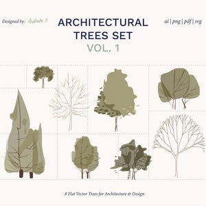 May include: A digital collection titled ARCHITECTURAL TREES SET VOL. 1 featuring eight flat vector tree illustrations in shades of olive green and brown. The set includes various tree shapes, some with solid foliage and others as line drawings.
