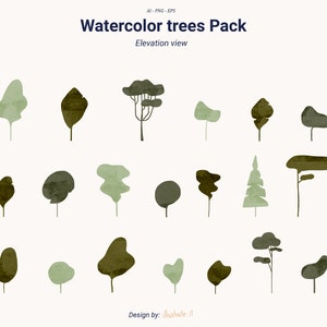 Platte aquarel vectorbomen, vectorvegetatie, uitgesneden bomen
