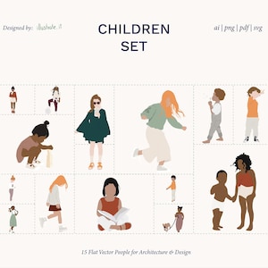 Puede incluir: Una colección digital titulada CHILDREN SET que presenta 15 ilustraciones vectoriales planas de niños en diversas poses y atuendos. El gráfico incluye etiquetas de texto y los formatos de archivo ai, png, pdf y svg.