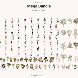 120 Flache Vektorgrafik Menschen und Pflanzenvegetation Ausschnitte - Set Clipart Menschen, Bäume und Pflanzen