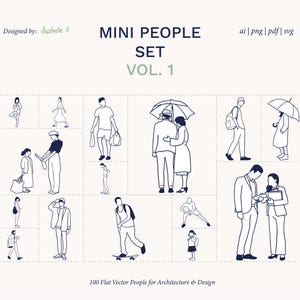 以下が含まれることがあります： MINI PEOPLE SET VOL. 1と題されたデジタルコレクション。歩く、立つ、スケートボードをするなど、様々なポーズをとる人物の濃紺の線画イラストが、明るい背景上のグリッド内に配置されています。