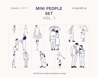 May include: A digital collection titled MINI PEOPLE SET VOL. 1 featuring dark blue line art illustrations of various individuals in different poses, including people walking, standing, and skateboarding, organized within a grid on a light background.
