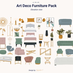 Flat vector furniture art deco style - set of furniture illustration - interior design decor elements