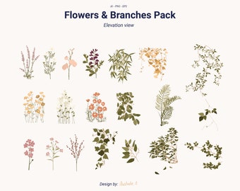 Vector vegetation branches & flowers , Flat vector flowers, vector vegetation, cutout leaves and flowers, vector flowers