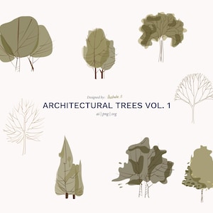 Set of 8 Flat Vector Architectural Trees Vol. 1 — PNG, AI, SVG — Digital Cutouts for Architects & Designers