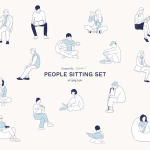 15 Flat Vector People – Sitting – PNG, AI, SVG – Human Scale Cutouts for Architecture & Design
