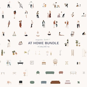 May include: Digital illustrations showcasing people engaged in activities such as yoga and cleaning, alongside home decor elements like furniture and plants. The text "AT HOME BUNDLE" is displayed, with file type information below. A variety of home-related images.