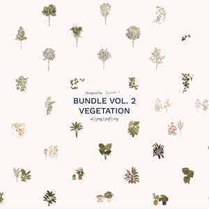 Peut inclure: Une collection numérique d'illustrations de végétation variées, incluant des arbres, des arbustes et des plantes en pot disposées en grille. Le texte central indique : Designed by: illustrale.it BUNDLE VOL. 2 VEGETATION ai | png | pdf | svg.