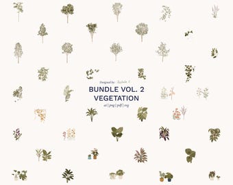 May include: A digital collection of various vegetation illustrations including trees, shrubs, and potted plants arranged in a grid. The central text reads: Designed by: illustrale.it BUNDLE VOL. 2 VEGETATION ai | png | pdf | svg. The icons are in green tones.