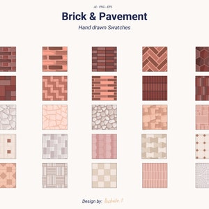 May include: A set of 25 hand-drawn brick and pavement patterns in various colors, including red, brown, pink, and gray. The patterns are arranged in a grid and are suitable for use in design projects.
