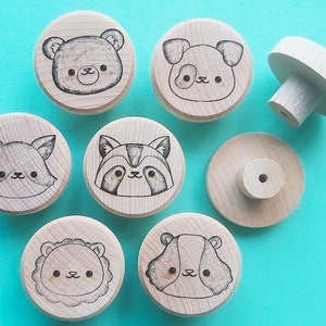 Set of Engraved Wooden KNOBS Cute Kawaii pull handle Kids unfinished beech Raw Wood drawer furniture Avocado Animals Sushi Bubbletea Cookie Animals (6 knobs)
