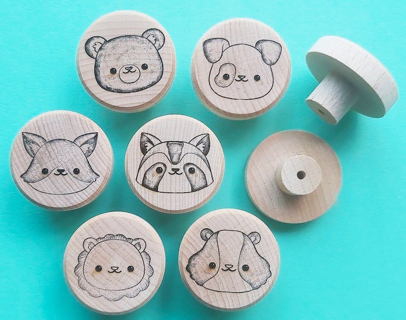 Set of Engraved Wooden KNOBS Cute Kawaii pull handle Kids unfinished beech Raw Wood drawer furniture Avocado Animals Sushi Bubbletea Cookie Animals (6 knobs)