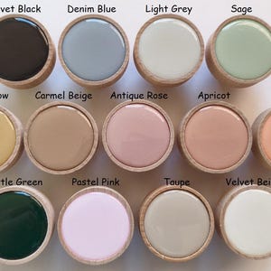May include: A collection of fourteen round wooden knobs with smooth, glossy, coloured inserts. The colours are labelled as Velvet Black, Denim Blue, Light Grey, Sage, Dijon Yellow, Carmel Beige, Antique Rose, Apricot, Coral, Bottle Green, Pastel Pink, Taupe, and Velvet Beige.