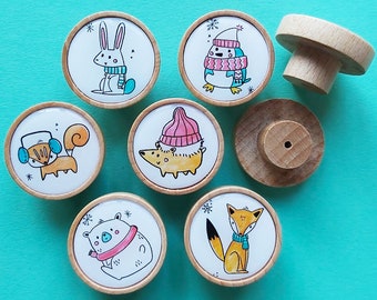 6 pomos de madera con diseño de animales de invierno, mango de haya, cajón, armario, muebles, tirador