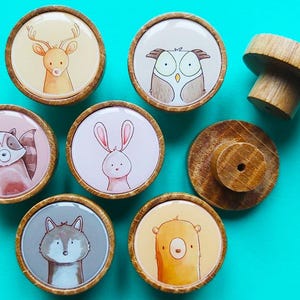 May include: A set of six round wooden drawer knobs featuring illustrations of a deer, owl, raccoon, rabbit, wolf, and bear. Each knob has a natural wood grain frame and a smooth, circular center panel displaying a colorful animal character.