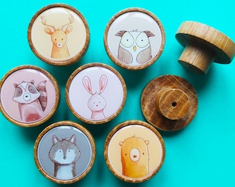 6x Knobs Forest Animals Cute Woodland Pattern Oak handle drawer cupboard furniture Pull Kids Bear bunny deer wolf owl raccoon