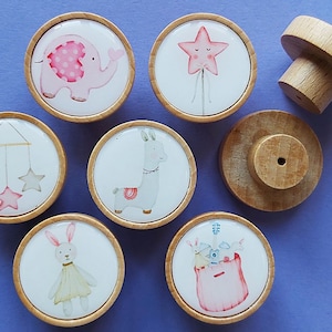 6x Knobs Pink Baby Girl Wooden handle drawer cupboard furniture Pull Kids Cute