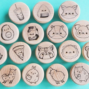 Set of Engraved Wooden KNOBS Cute Kawaii pull handle Kids unfinished beech Raw Wood drawer furniture Avocado Animals Sushi Bubbletea Cookie image 1