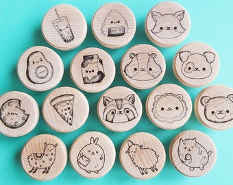 Set of Engraved Wooden KNOBS Cute Kawaii pull handle Kids unfinished beech Raw Wood drawer furniture  Avocado Animals Sushi Bubbletea Cookie