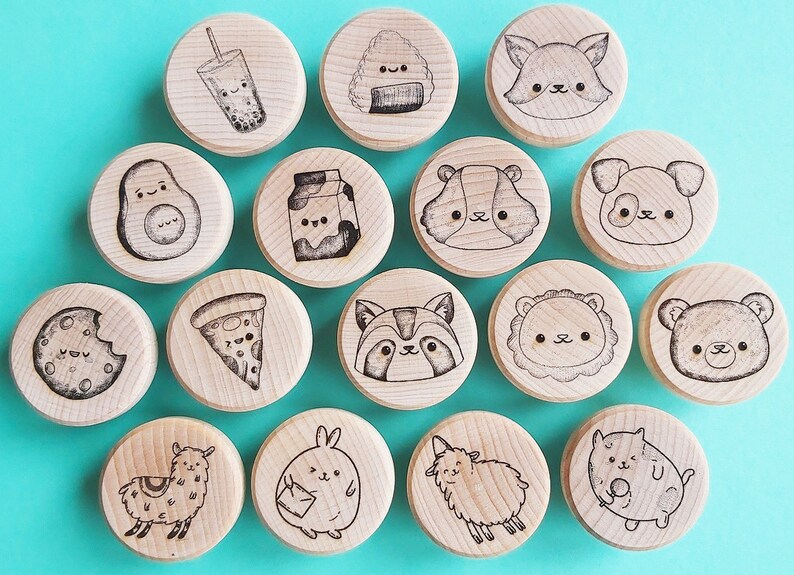 Set of Engraved Wooden KNOBS Cute Kawaii pull handle Kids unfinished beech Raw Wood drawer furniture Avocado Animals Sushi Bubbletea Cookie image 1