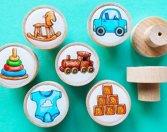 6x Baby Boy Toy Beech Wooden Knobs Pattern Printed handle drawer furniture Pull