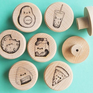 Set of Engraved Wooden KNOBS Cute Kawaii pull handle Kids unfinished beech Raw Wood drawer furniture Avocado Animals Sushi Bubbletea Cookie Kawaii (6 knobs)