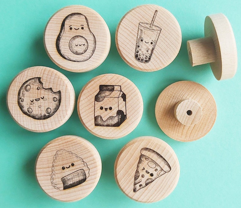 Set of Engraved Wooden KNOBS Cute Kawaii pull handle Kids unfinished beech Raw Wood drawer furniture Avocado Animals Sushi Bubbletea Cookie Kawaii (6 knobs)