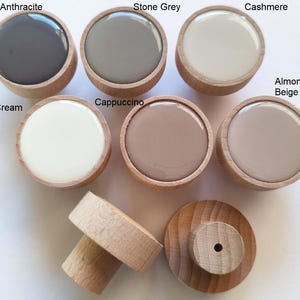 May include: Wooden cabinet knobs in various neutral colors: Anthracite, Stone Grey, Cashmere, Almond Beige, Cream, and Cappuccino. The knobs have a round, glossy top and a natural wood base. Additional wooden components are also shown.