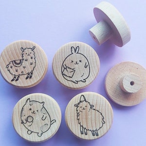 Set of Engraved Wooden KNOBS Cute Kawaii pull handle Kids unfinished beech Raw Wood drawer furniture Avocado Animals Sushi Bubbletea Cookie Animals (4 knobs)