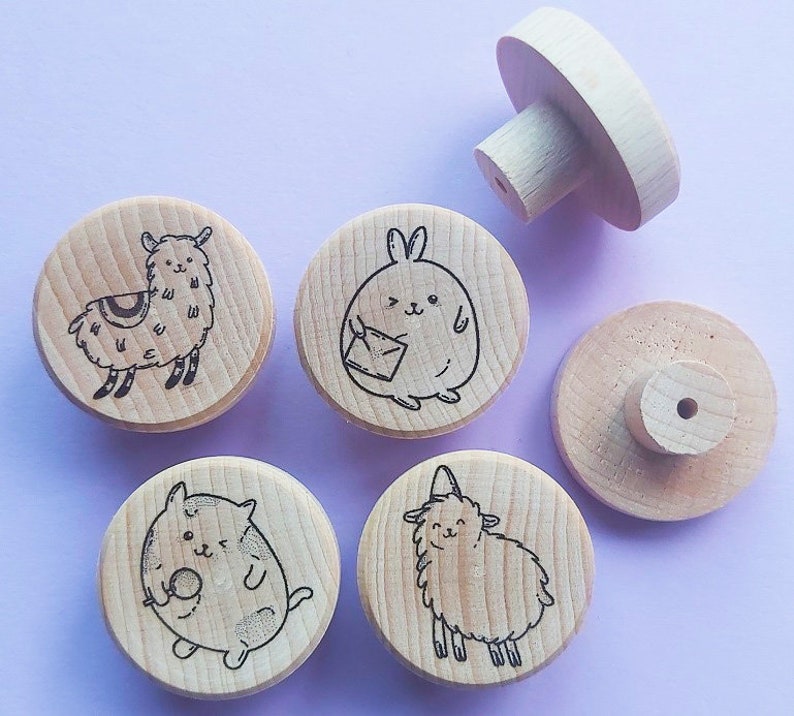 Set of Engraved Wooden KNOBS Cute Kawaii pull handle Kids unfinished beech Raw Wood drawer furniture Avocado Animals Sushi Bubbletea Cookie Animals (4 knobs)