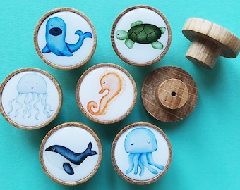 6x Knobs Sea World Pattern Wooden Oak handle drawer cupboard furniture Pull Kids