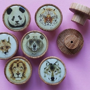 6x Knobs Wild Animals Wooden Oak handle drawer cupboard furniture Pull Printed