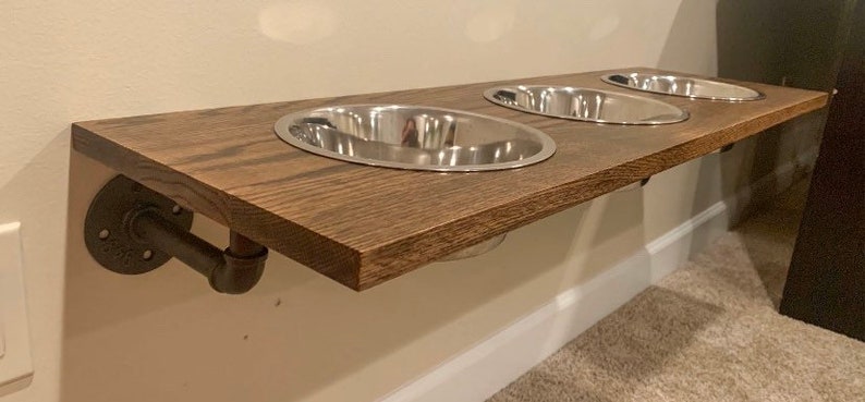 Large 3 Bowl Elevated Pet Feeder, Oak Floating Dog Bowls, Pet Bowls, Raised Pet Feeding Station