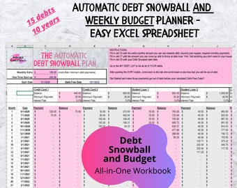 Automatic Debt Snowball and 52-Week Budget Planner, 2 files in 1 , Ramsey  inspired snowball method, Debt and Credit Card Payoff Paydown