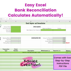 Einfaches Excel Check Register und Bankabstimmung Template mit Schritt für Schritt Anleitung | Persönliche Buchhaltung | Karilee Creations