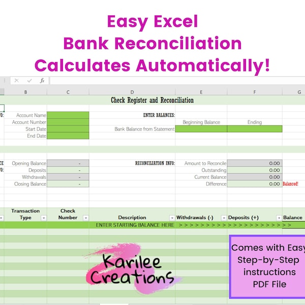 Easy Excel Check Register and Bank Reconciliation Template with Step by Step Instructions | Personal Finance | Karilee Creations