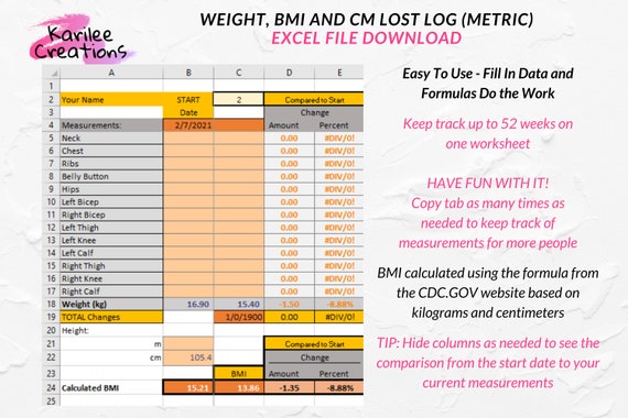 Weight, BMI and Measurement Log Easy Excel Calculator Metric Weight-loss  Diary Body Measurements Karilee Creations Excel File 